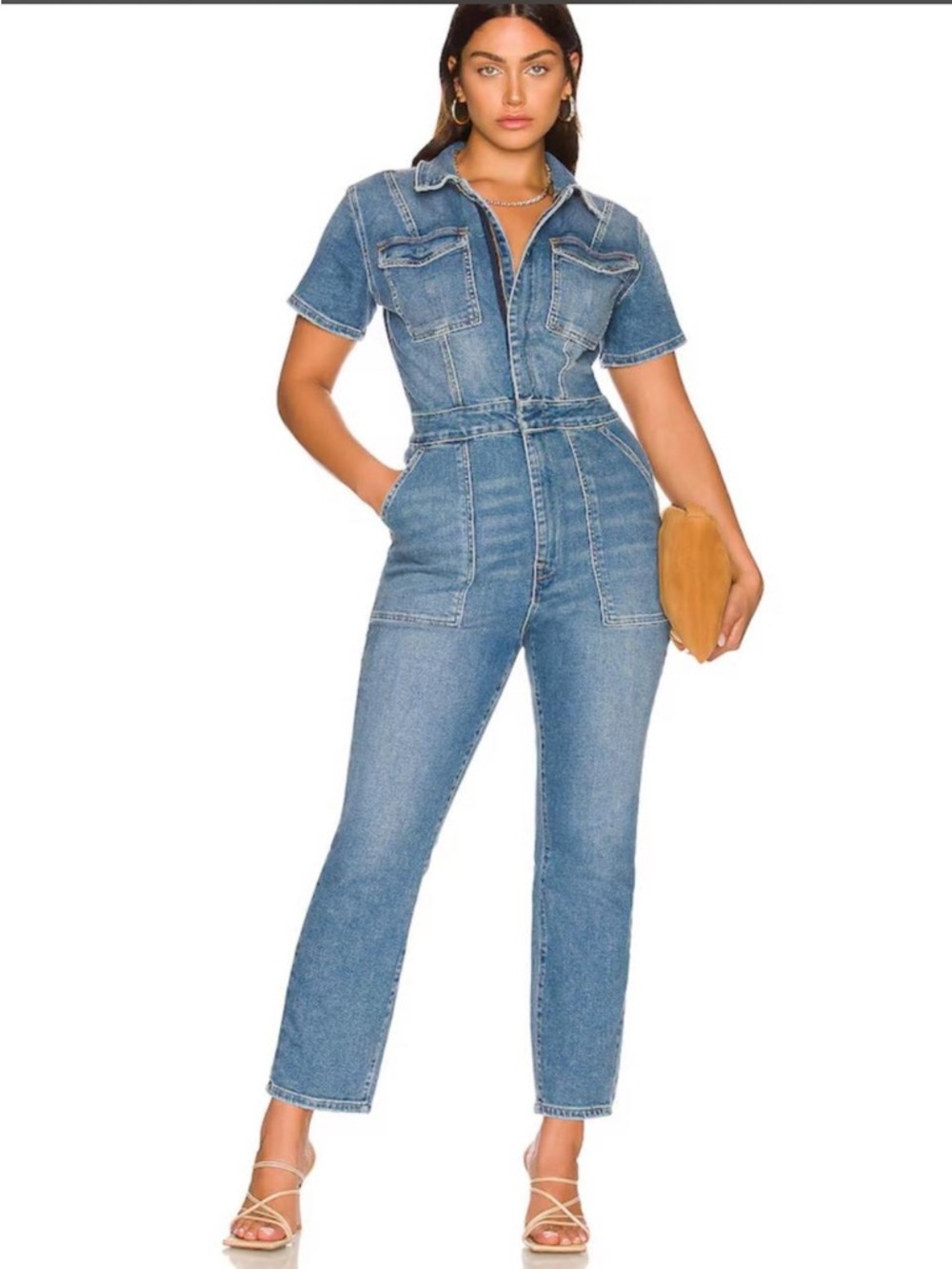 Good American Blue Denim Short-Sleeve Jumpsuit Size Medium